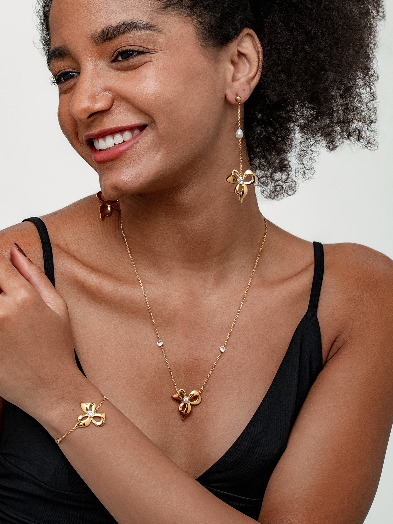 Rose Gold Bow Necklace And Earrings Set For Girls Stainless Steel Clavicle Chain Jewelry Accessories