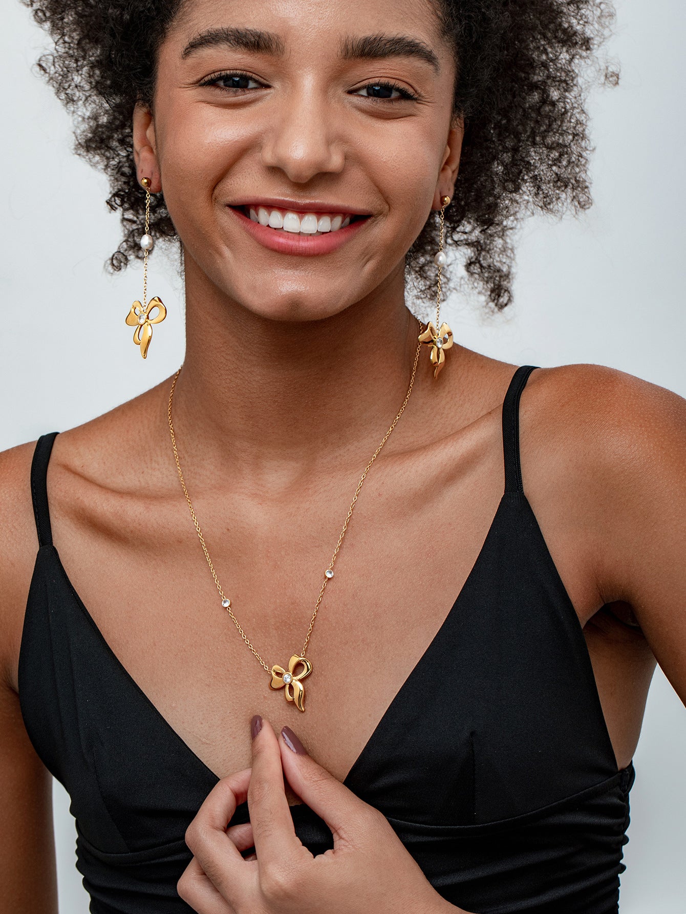 Rose Gold Bow Necklace And Earrings Set For Girls Stainless Steel Clavicle Chain Jewelry Accessories