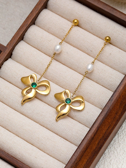 Rose Gold Bow Necklace And Earrings Set For Girls Stainless Steel Clavicle Chain Jewelry Accessories