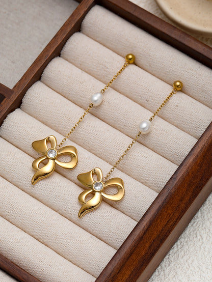 Rose Gold Bow Necklace And Earrings Set For Girls Stainless Steel Clavicle Chain Jewelry Accessories