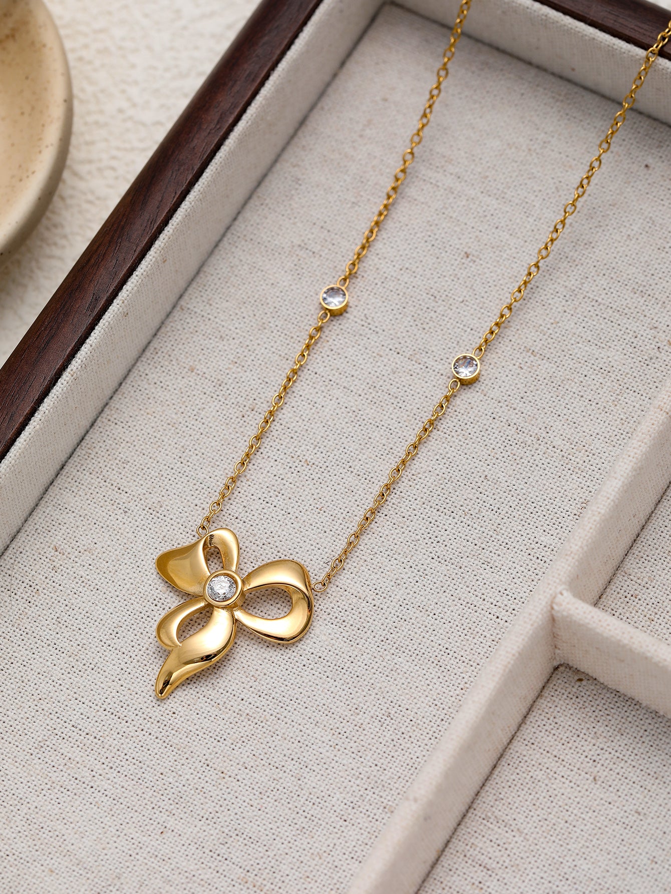 Rose Gold Bow Necklace And Earrings Set For Girls Stainless Steel Clavicle Chain Jewelry Accessories