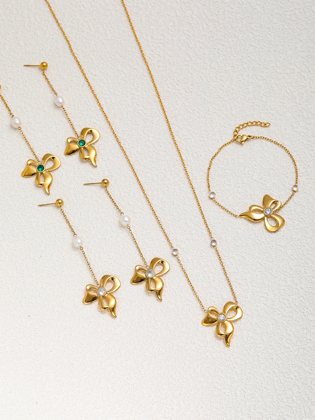 Rose Gold Bow Necklace And Earrings Set For Girls Stainless Steel Clavicle Chain Jewelry Accessories