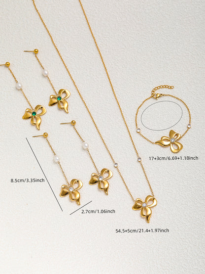 Rose Gold Bow Necklace And Earrings Set For Girls Stainless Steel Clavicle Chain Jewelry Accessories