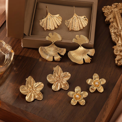 Symmetrical Silver Ginkgo Leaf Patchwork Earrings Vintage Style Women's Geometric Hoop Earrings