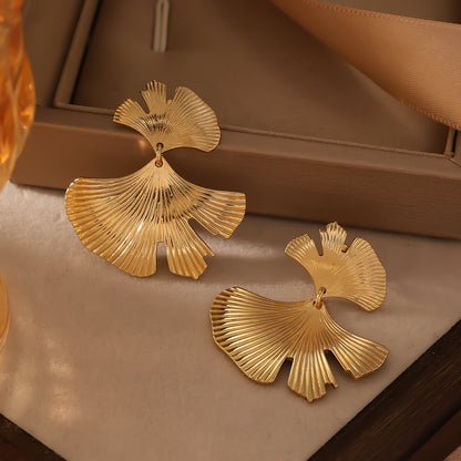 Symmetrical Silver Ginkgo Leaf Patchwork Earrings Vintage Style Women's Geometric Hoop Earrings