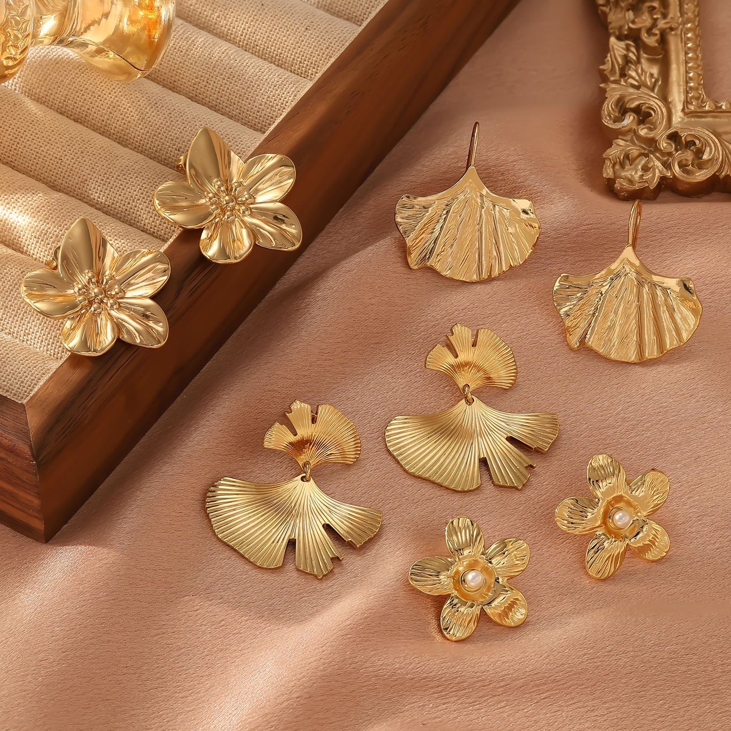 Symmetrical Silver Ginkgo Leaf Patchwork Earrings Vintage Style Women's Geometric Hoop Earrings