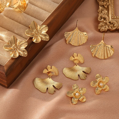 Symmetrical Silver Ginkgo Leaf Patchwork Earrings Vintage Style Women's Geometric Hoop Earrings