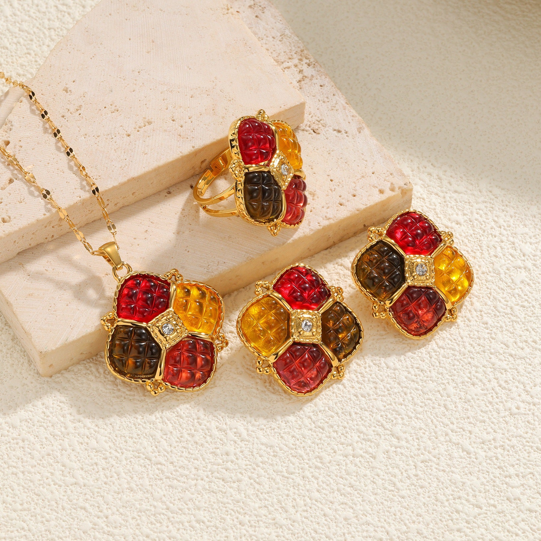 Hong Kong Geometric Block Color Necklace For Women, Non-Fading Stainless Steel Jewelry Set