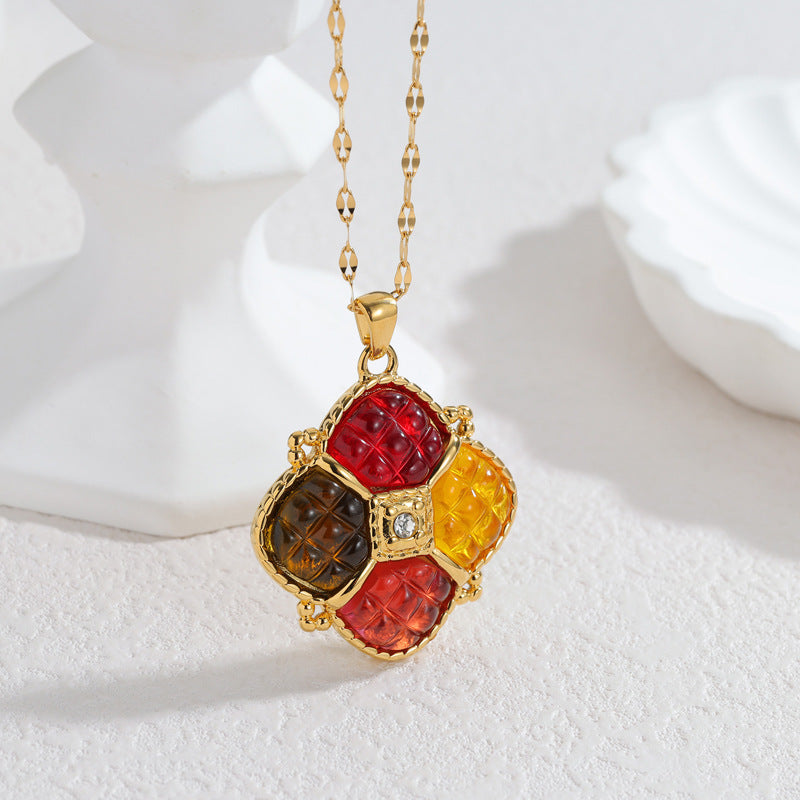 Hong Kong Geometric Block Color Necklace For Women, Non-Fading Stainless Steel Jewelry Set