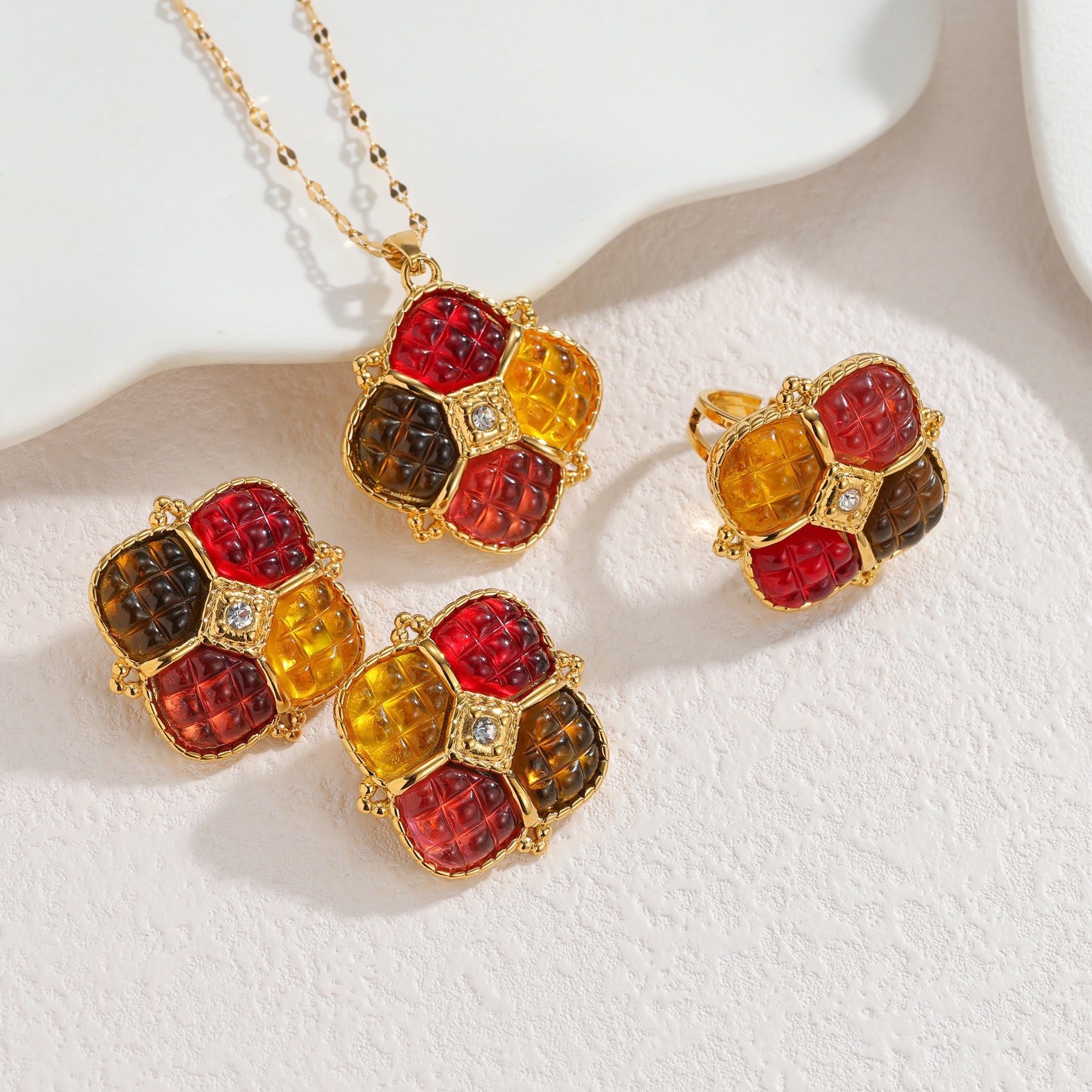 Hong Kong Geometric Block Color Necklace For Women, Non-Fading Stainless Steel Jewelry Set