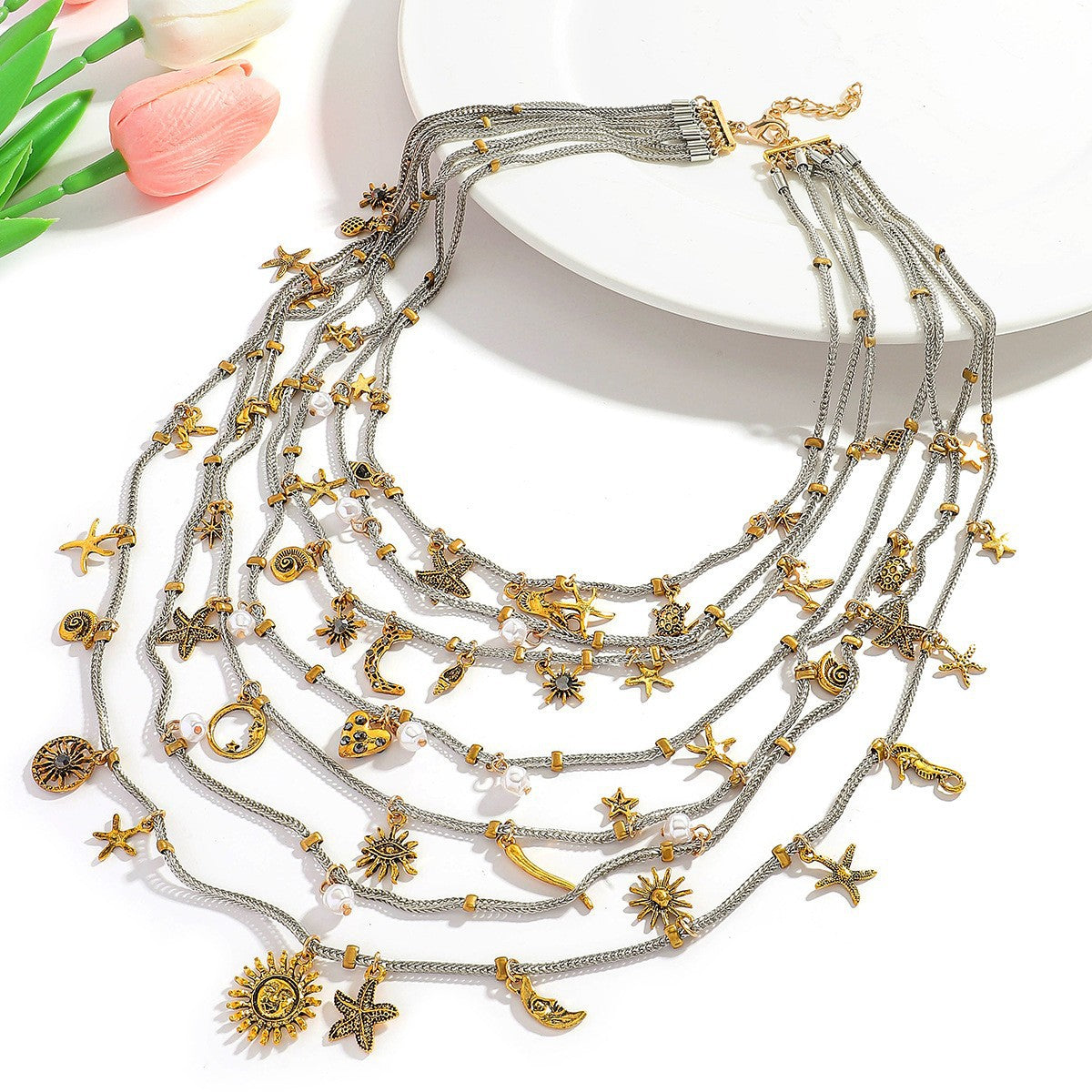 Handmade Necklace Pearl Star Sun Multi-layer Alloy Beads Geometric Women's Jewelry Accessories