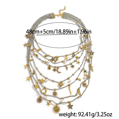 Handmade Necklace Pearl Star Sun Multi-layer Alloy Beads Geometric Women's Jewelry Accessories