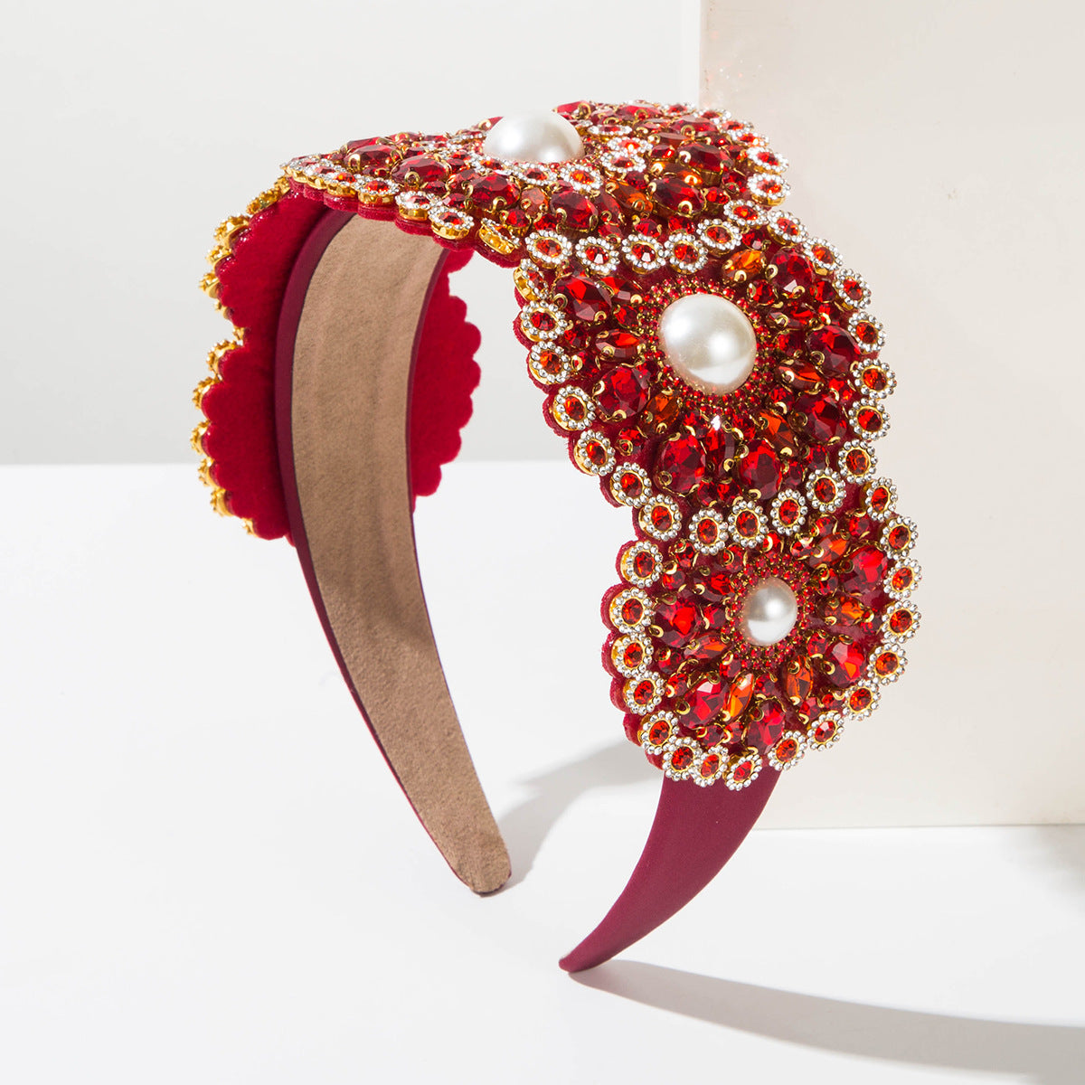 Vintage Baroque Wide Pearl Headband For Women, Floral Embroidered Hair Accessory For Prom Party