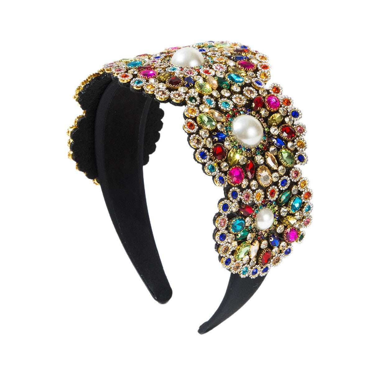Vintage Baroque Wide Pearl Headband For Women, Floral Embroidered Hair Accessory For Prom Party