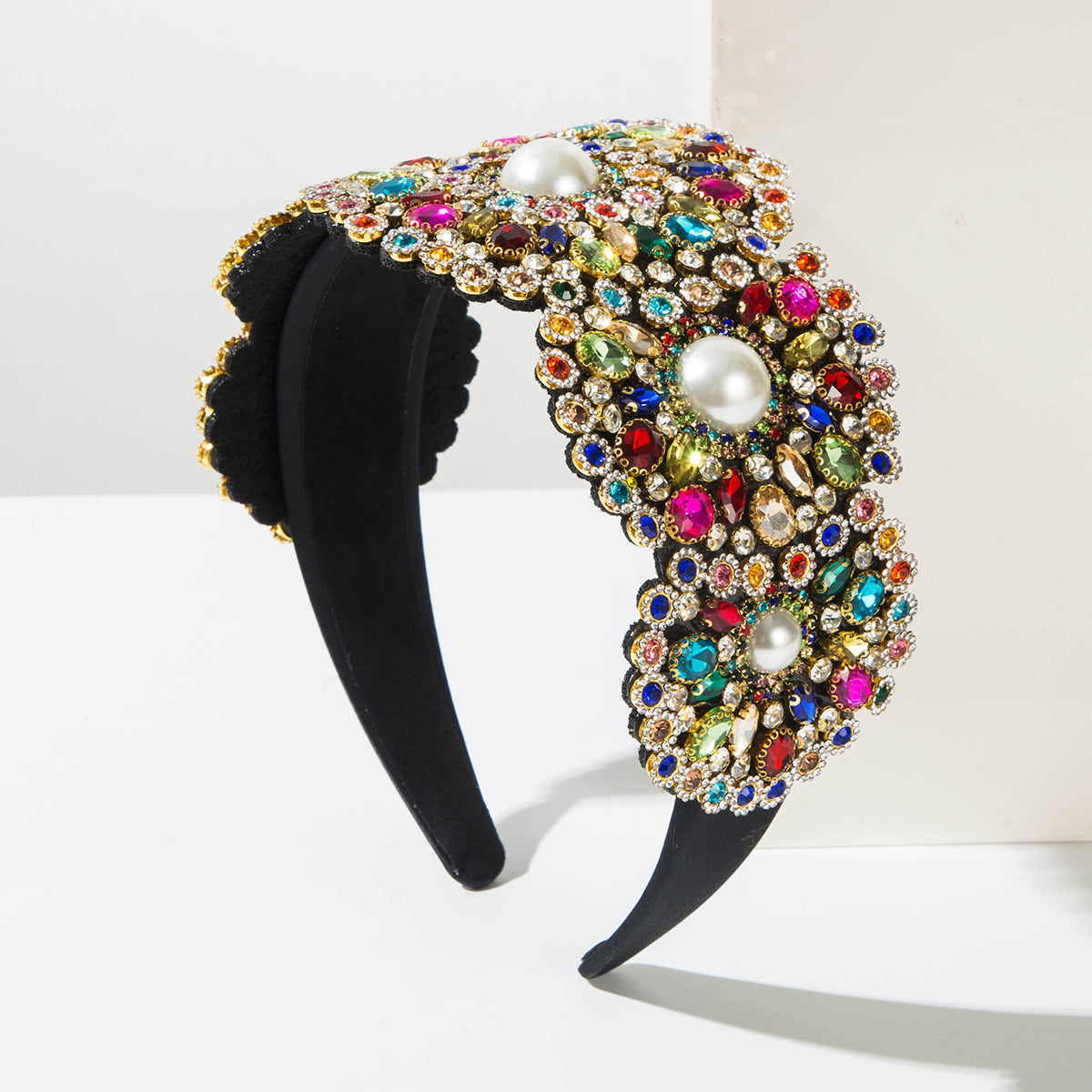 Vintage Baroque Wide Pearl Headband For Women, Floral Embroidered Hair Accessory For Prom Party