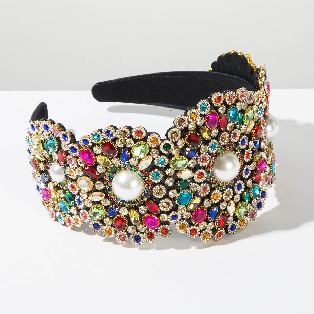 Vintage Baroque Wide Pearl Headband For Women, Floral Embroidered Hair Accessory For Prom Party
