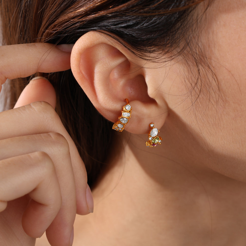 Circle Earrings For Men In 304 Stainless Steel With 18K Real Gold Plating 0.03µm, Rhinestones Claw Setting