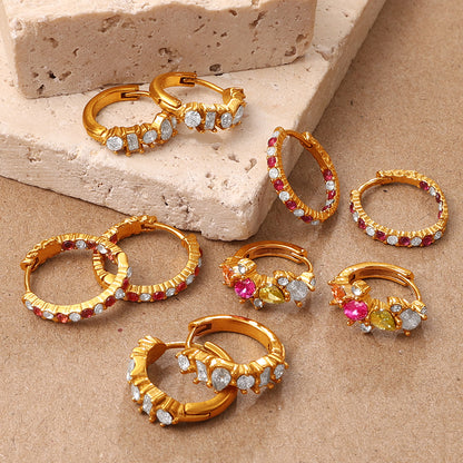 Circle Earrings For Men In 304 Stainless Steel With 18K Real Gold Plating 0.03µm, Rhinestones Claw Setting