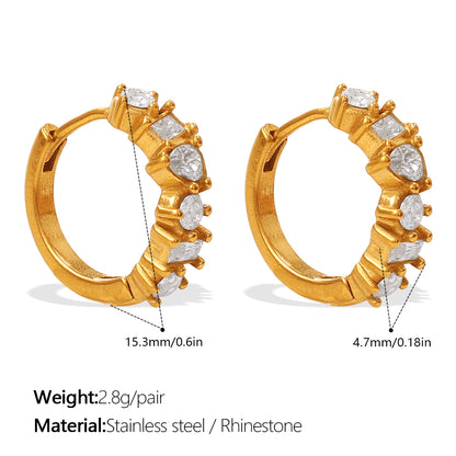 Circle Earrings For Men In 304 Stainless Steel With 18K Real Gold Plating 0.03µm, Rhinestones Claw Setting