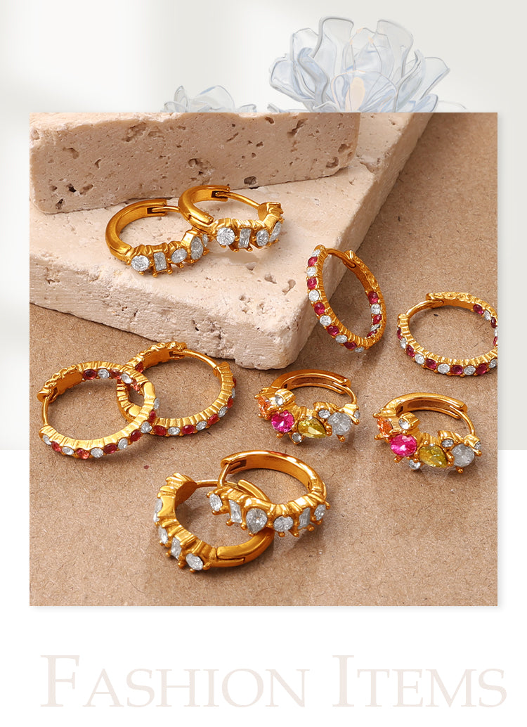 Circle Earrings For Men In 304 Stainless Steel With 18K Real Gold Plating 0.03µm, Rhinestones Claw Setting