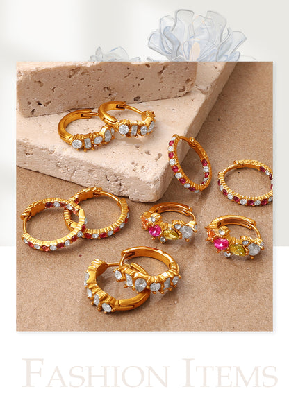 Circle Earrings For Men In 304 Stainless Steel With 18K Real Gold Plating 0.03µm, Rhinestones Claw Setting