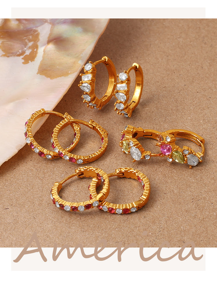 Circle Earrings For Men In 304 Stainless Steel With 18K Real Gold Plating 0.03µm, Rhinestones Claw Setting