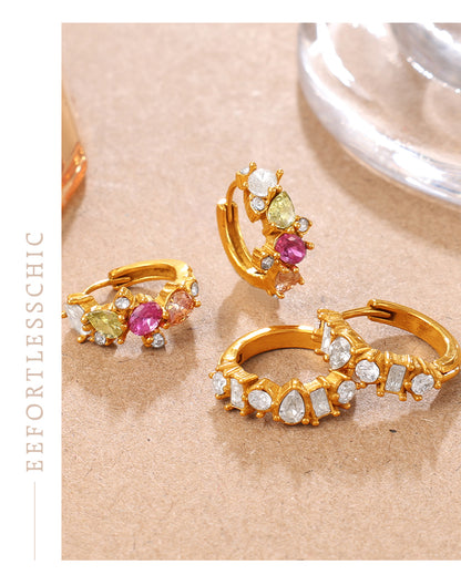 Circle Earrings For Men In 304 Stainless Steel With 18K Real Gold Plating 0.03µm, Rhinestones Claw Setting