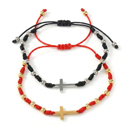 Adjustable Red And Black Rope Braided Bracelet Set With Wish Card Metal Bead Decoration For Daily Wear Jewelry Unisex Simple Style