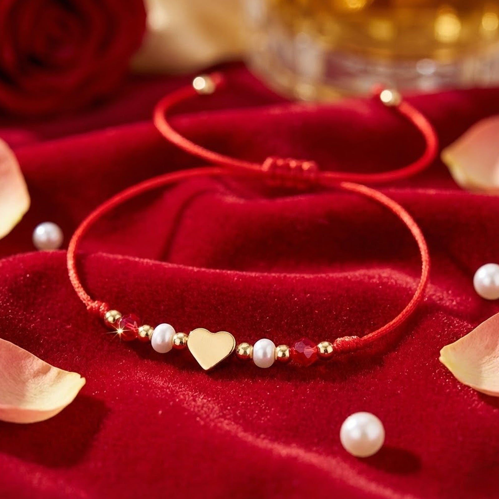 Adjustable Red Rope Heart Bracelet With Knot Design Gold Jewelry Red Heart And White Pearl Accessories Suitable For Daily Wear Unisex