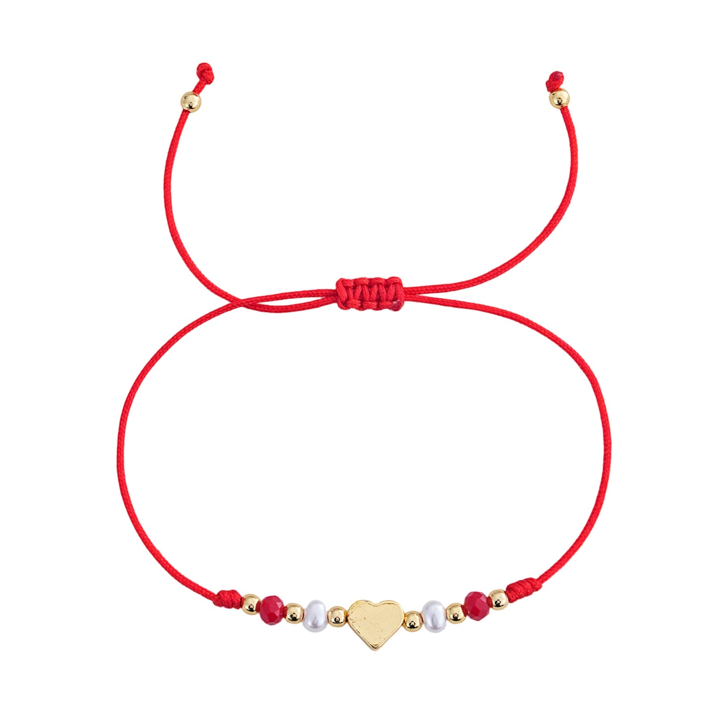 Adjustable Red Rope Heart Bracelet With Knot Design Gold Jewelry Red Heart And White Pearl Accessories Suitable For Daily Wear Unisex