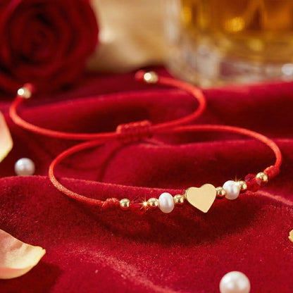 Adjustable Red Rope Gold Heart-shaped Pearl Bracelet Suitable For Commuting, Dating, Travel, And Gatherings British Style Women's Jewelry