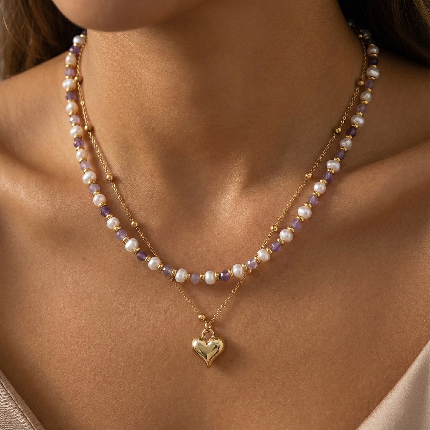 Two-layer Pearl Amethyst Necklace Heart-shaped Design Stackable White Enhances Daily Commute Collarbone Chain