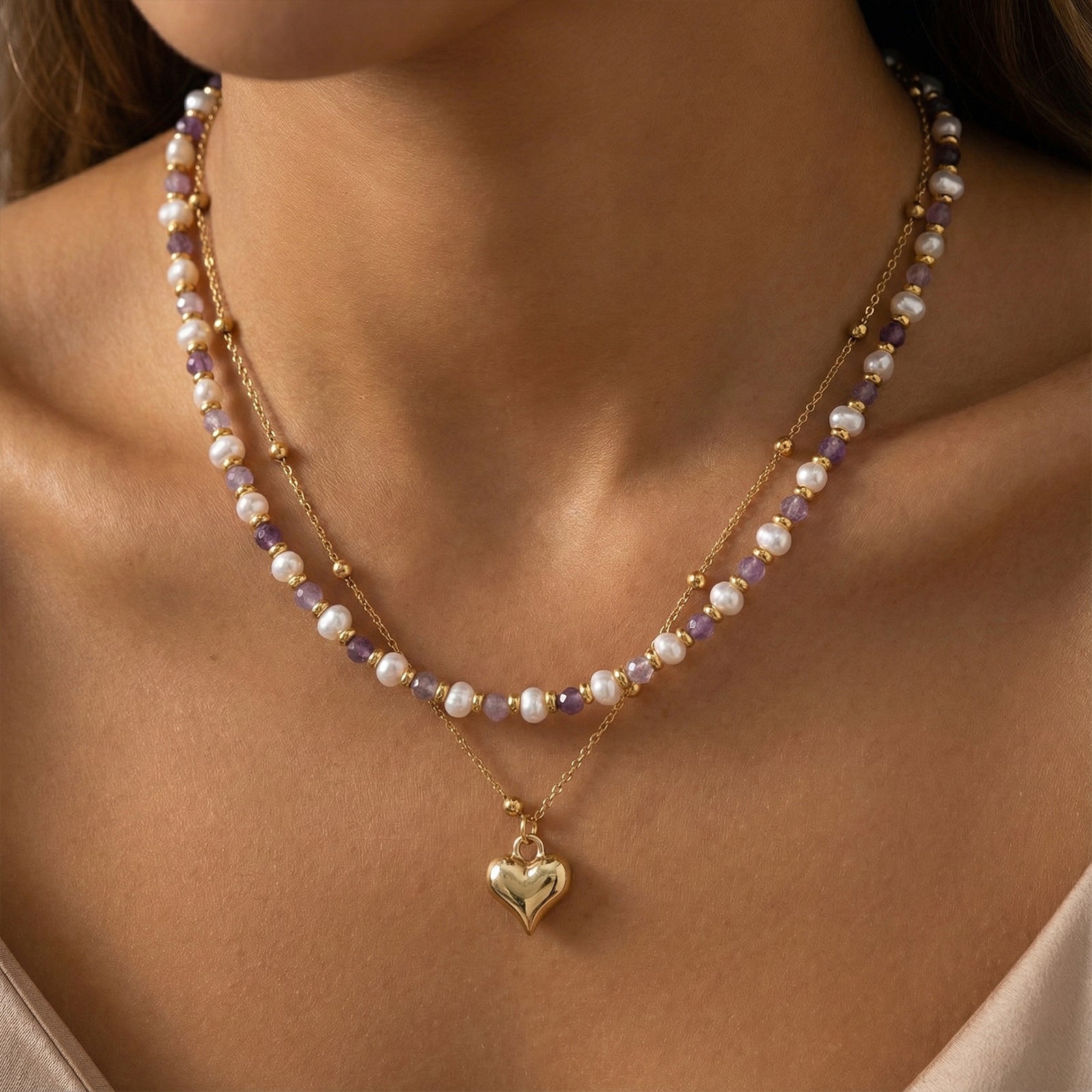Two-layer Pearl Amethyst Necklace Heart-shaped Design Stackable White Enhances Daily Commute Collarbone Chain
