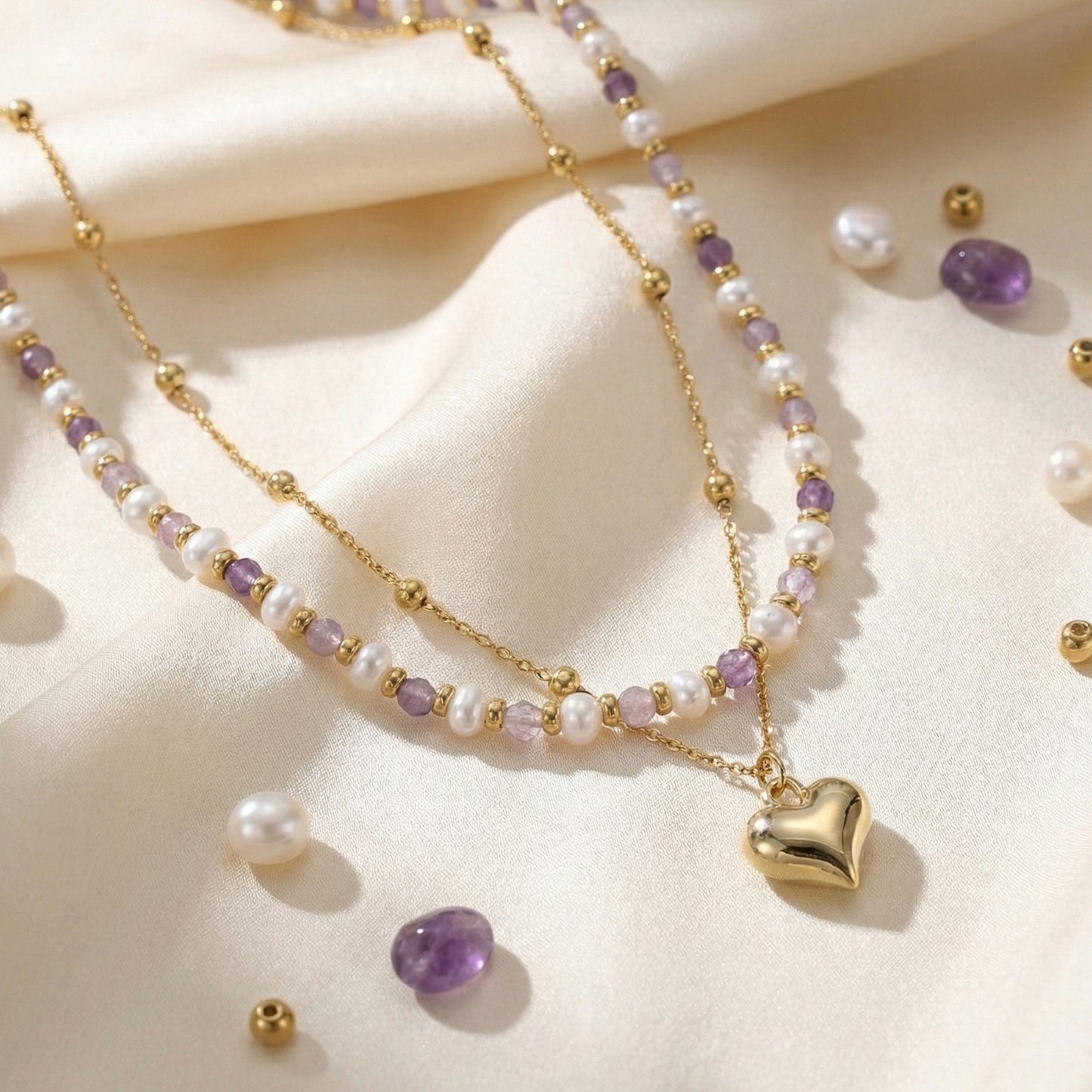 Two-layer Pearl Amethyst Necklace Heart-shaped Design Stackable White Enhances Daily Commute Collarbone Chain