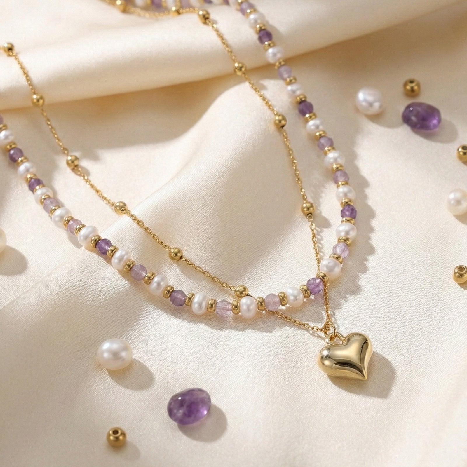 Two-layer Pearl Amethyst Necklace Heart-shaped Design Stackable White Enhances Daily Commute Collarbone Chain