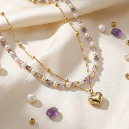 Two-layer Pearl Amethyst Necklace Heart-shaped Design Stackable White Enhances Daily Commute Collarbone Chain