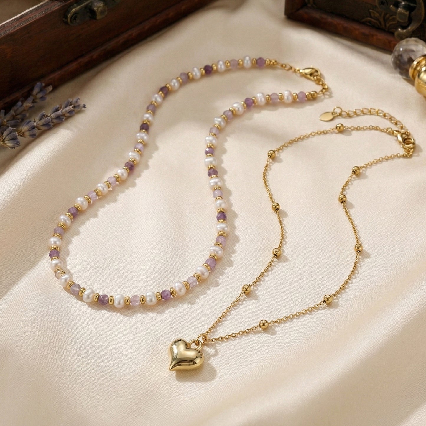 Two-layer Pearl Amethyst Necklace Heart-shaped Design Stackable White Enhances Daily Commute Collarbone Chain