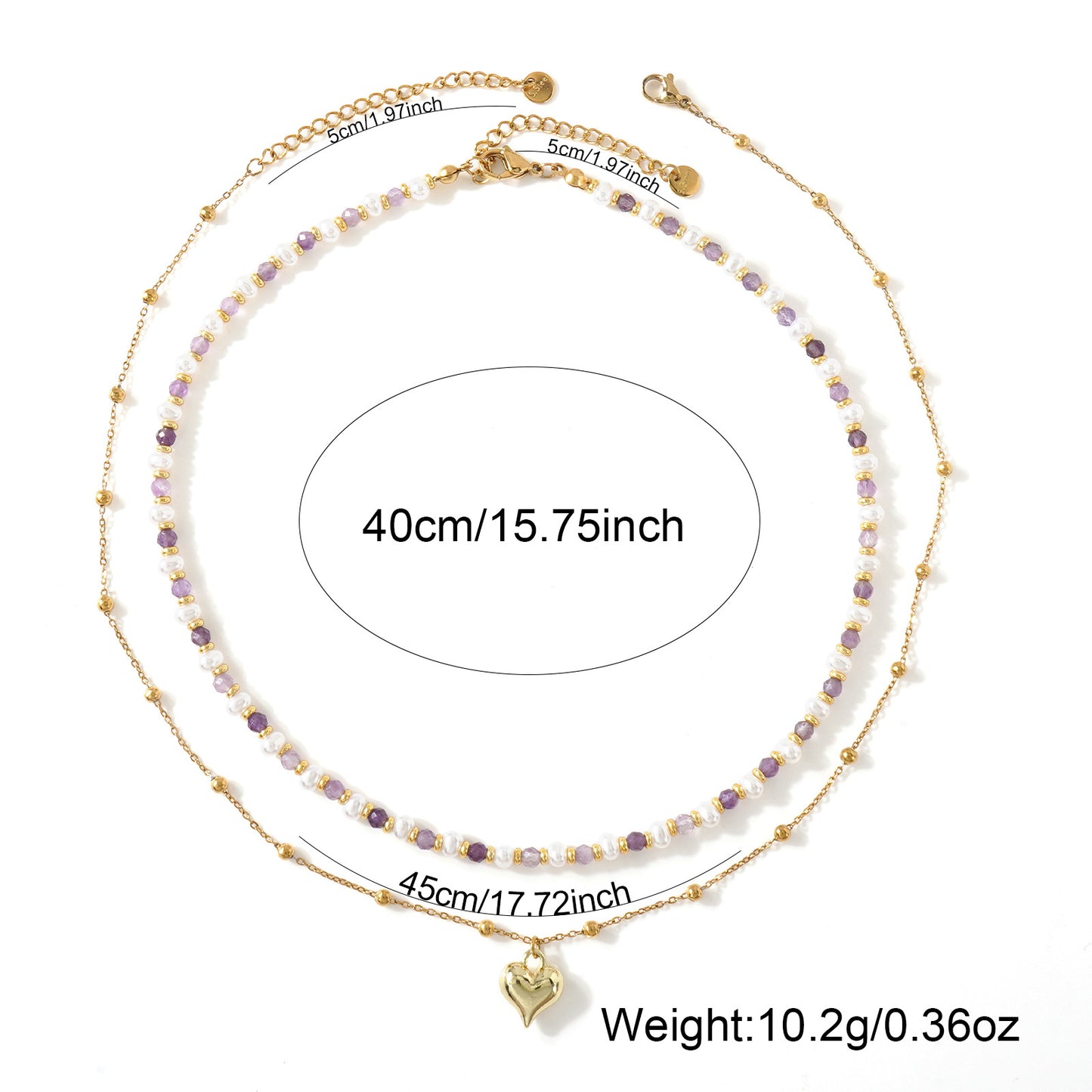 Two-layer Pearl Amethyst Necklace Heart-shaped Design Stackable White Enhances Daily Commute Collarbone Chain