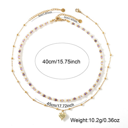Two-layer Pearl Amethyst Necklace Heart-shaped Design Stackable White Enhances Daily Commute Collarbone Chain