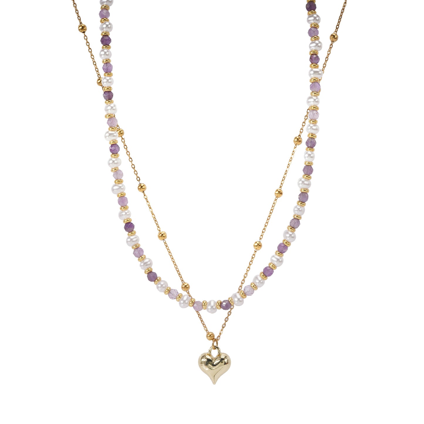 Two-layer Pearl Amethyst Necklace Heart-shaped Design Stackable White Enhances Daily Commute Collarbone Chain