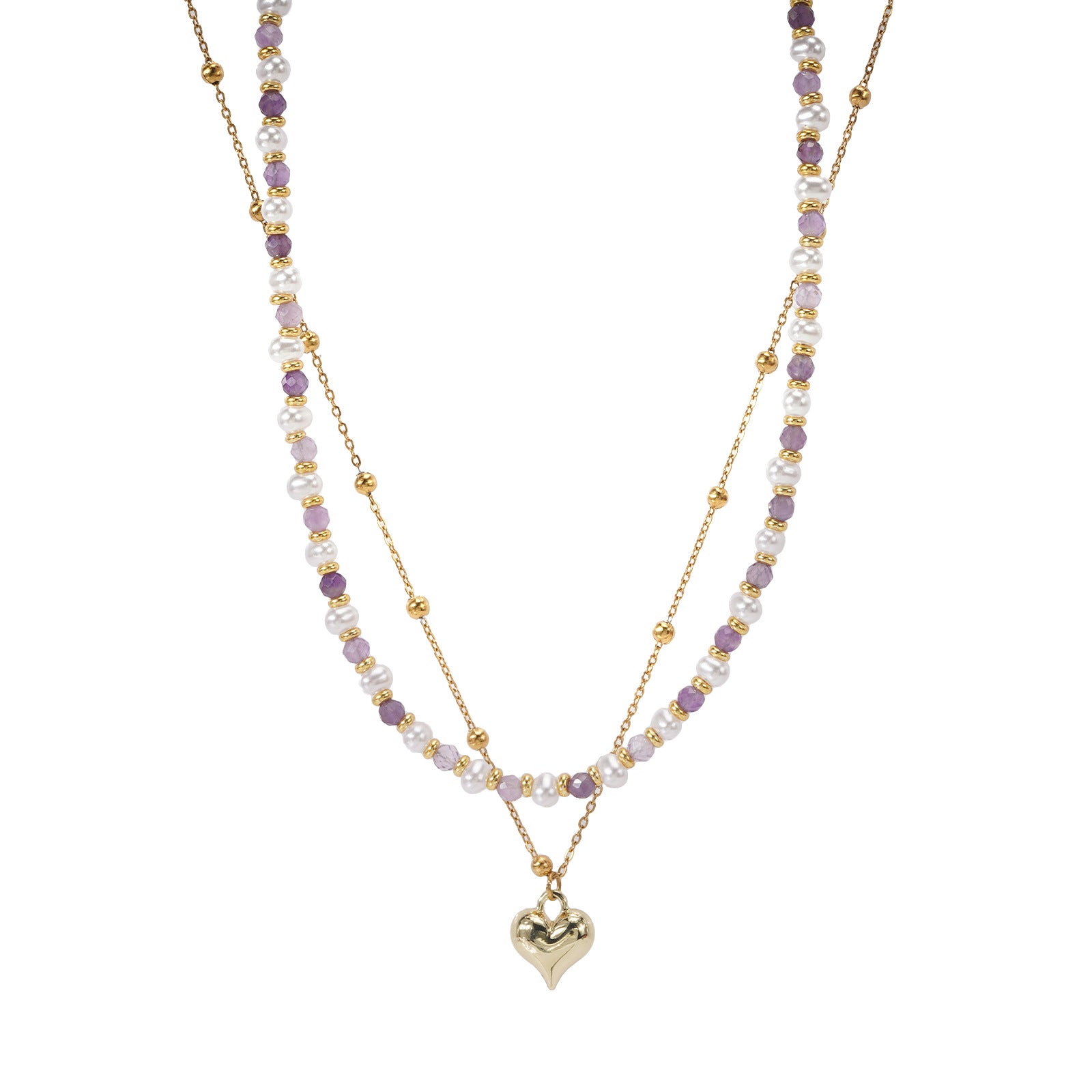 Two-layer Pearl Amethyst Necklace Heart-shaped Design Stackable White Enhances Daily Commute Collarbone Chain