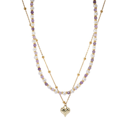Two-layer Pearl Amethyst Necklace Heart-shaped Design Stackable White Enhances Daily Commute Collarbone Chain