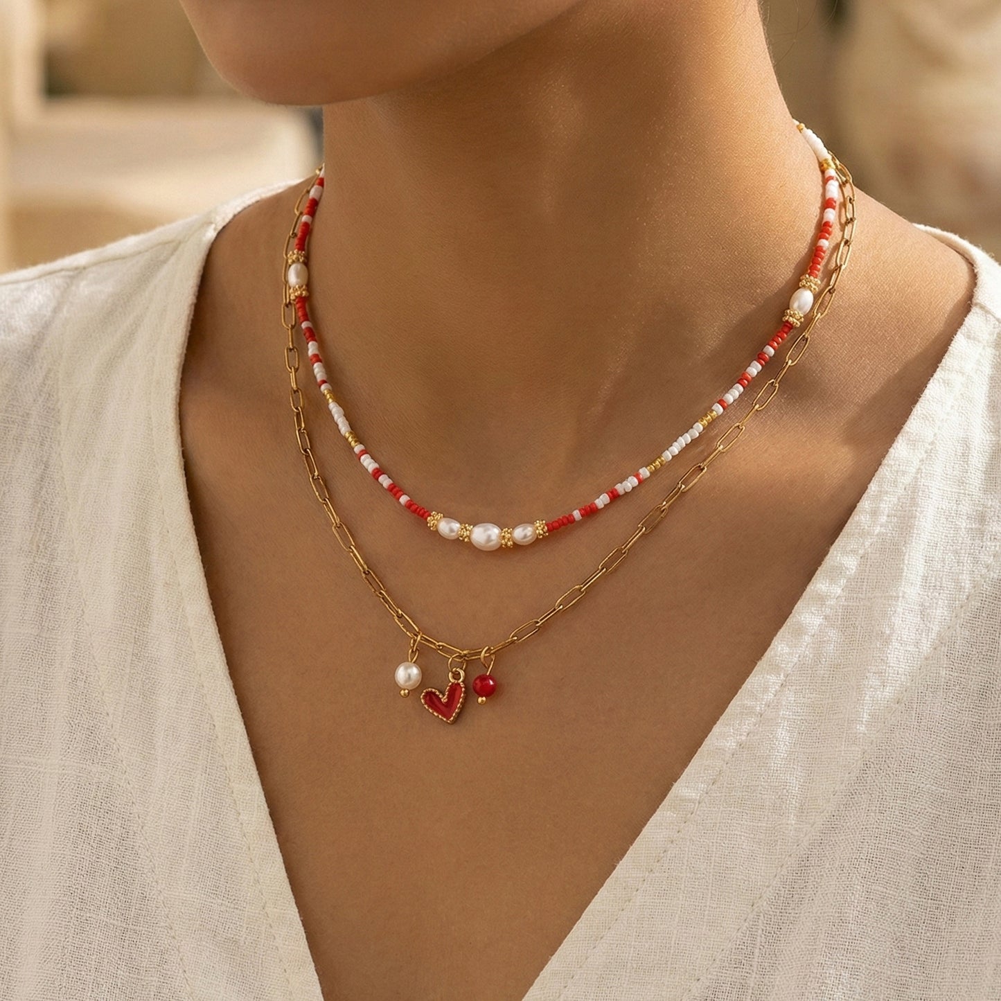 Two-Layer Red Beads Pearl Metal Chain Necklace For Women Convenient Clasp Design Heart Pendant Jewelry Accessories