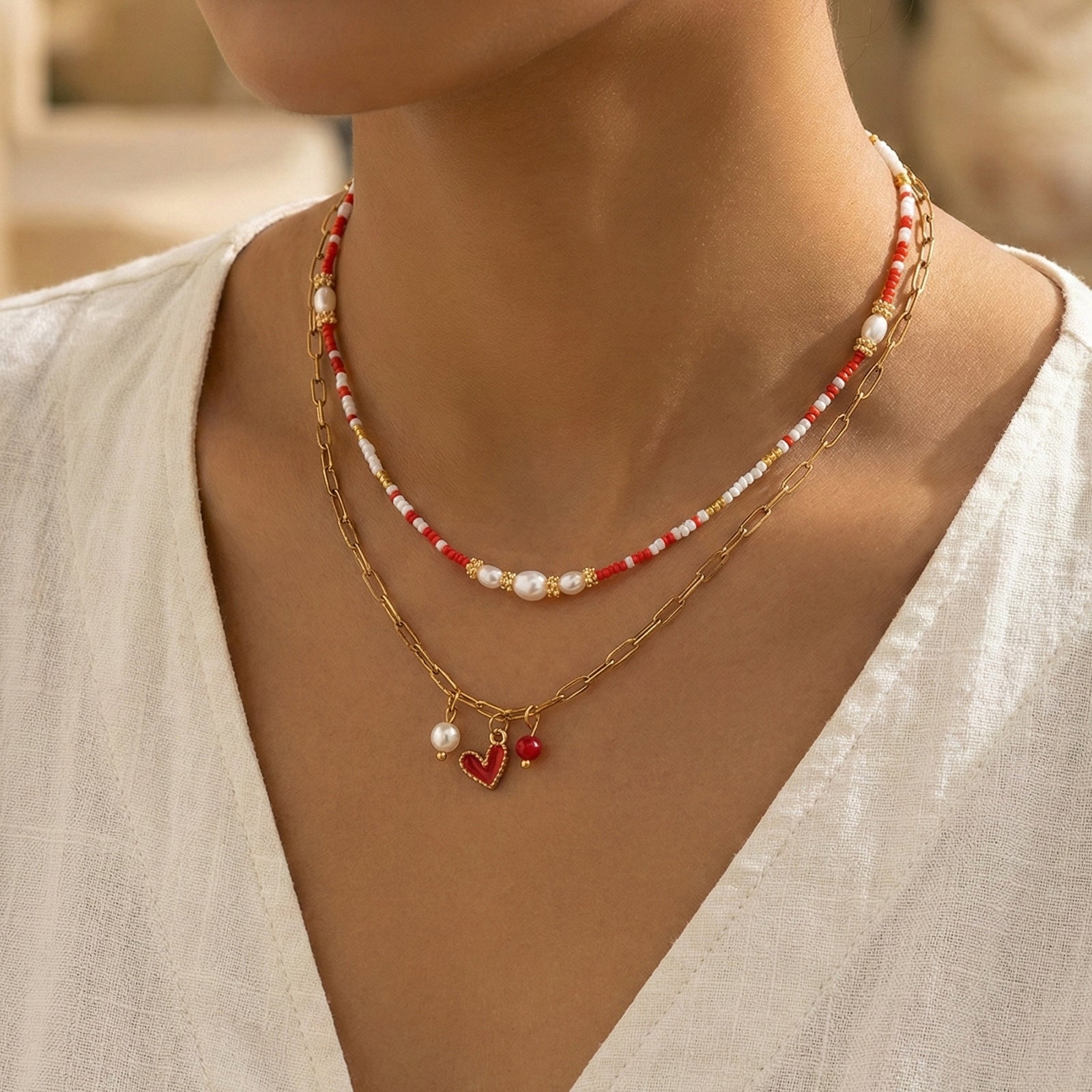 Two-Layer Red Beads Pearl Metal Chain Necklace For Women Convenient Clasp Design Heart Pendant Jewelry Accessories