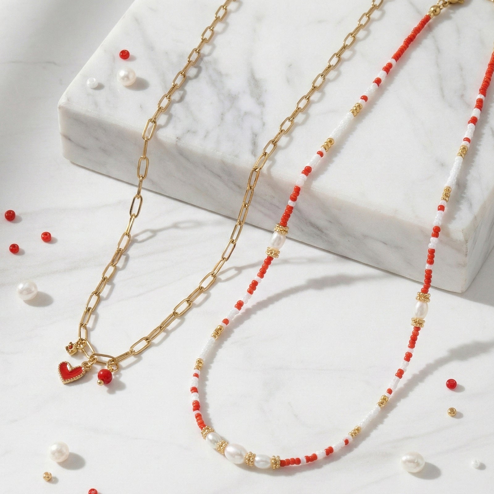Two-Layer Red Beads Pearl Metal Chain Necklace For Women Convenient Clasp Design Heart Pendant Jewelry Accessories