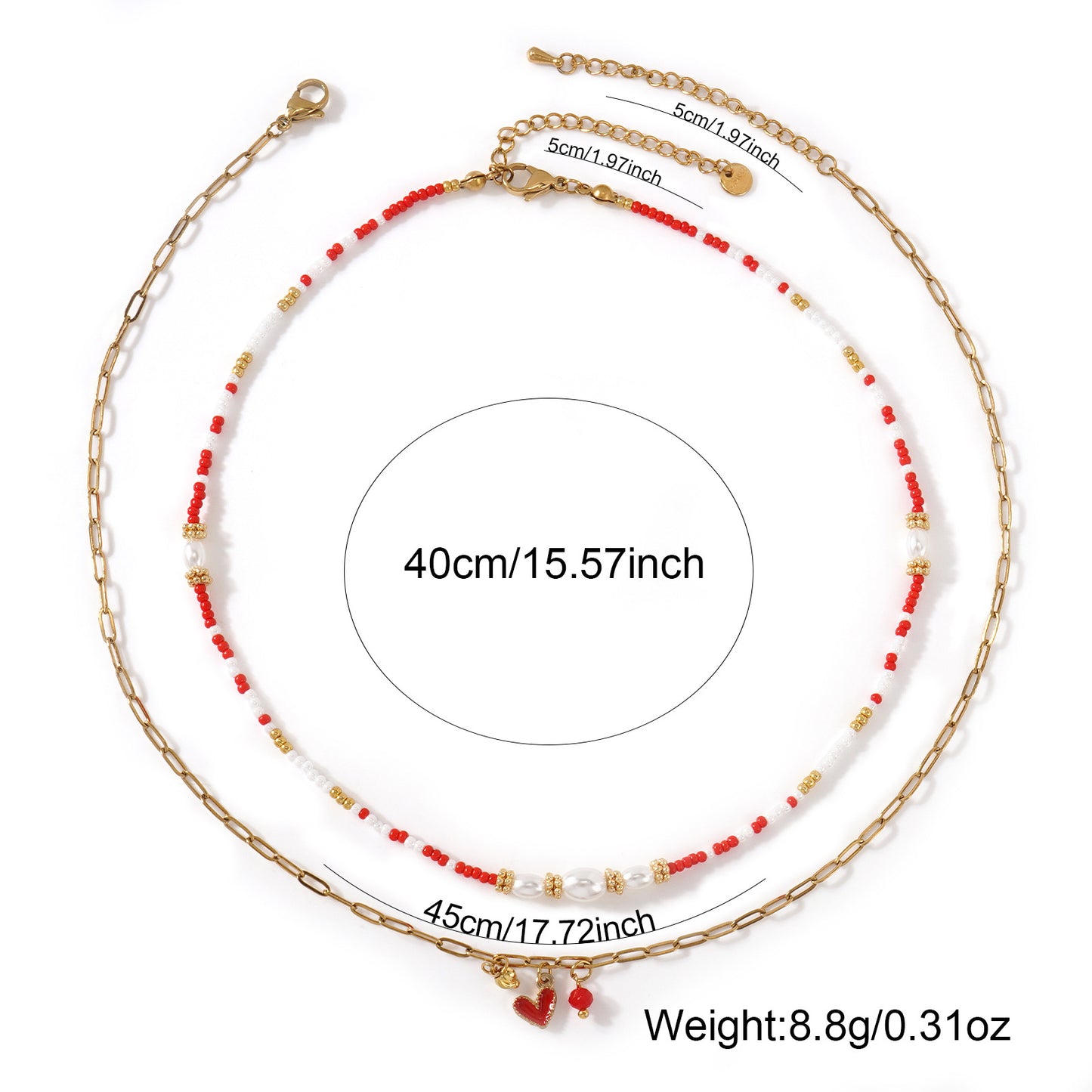 Two-Layer Red Beads Pearl Metal Chain Necklace For Women Convenient Clasp Design Heart Pendant Jewelry Accessories