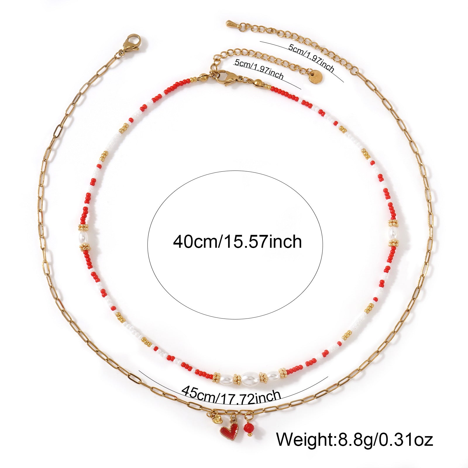 Two-Layer Red Beads Pearl Metal Chain Necklace For Women Convenient Clasp Design Heart Pendant Jewelry Accessories