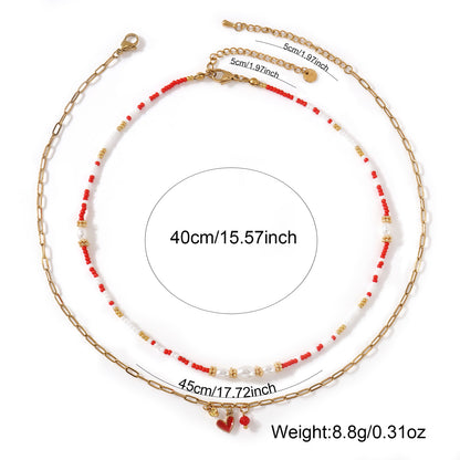 Two-Layer Red Beads Pearl Metal Chain Necklace For Women Convenient Clasp Design Heart Pendant Jewelry Accessories