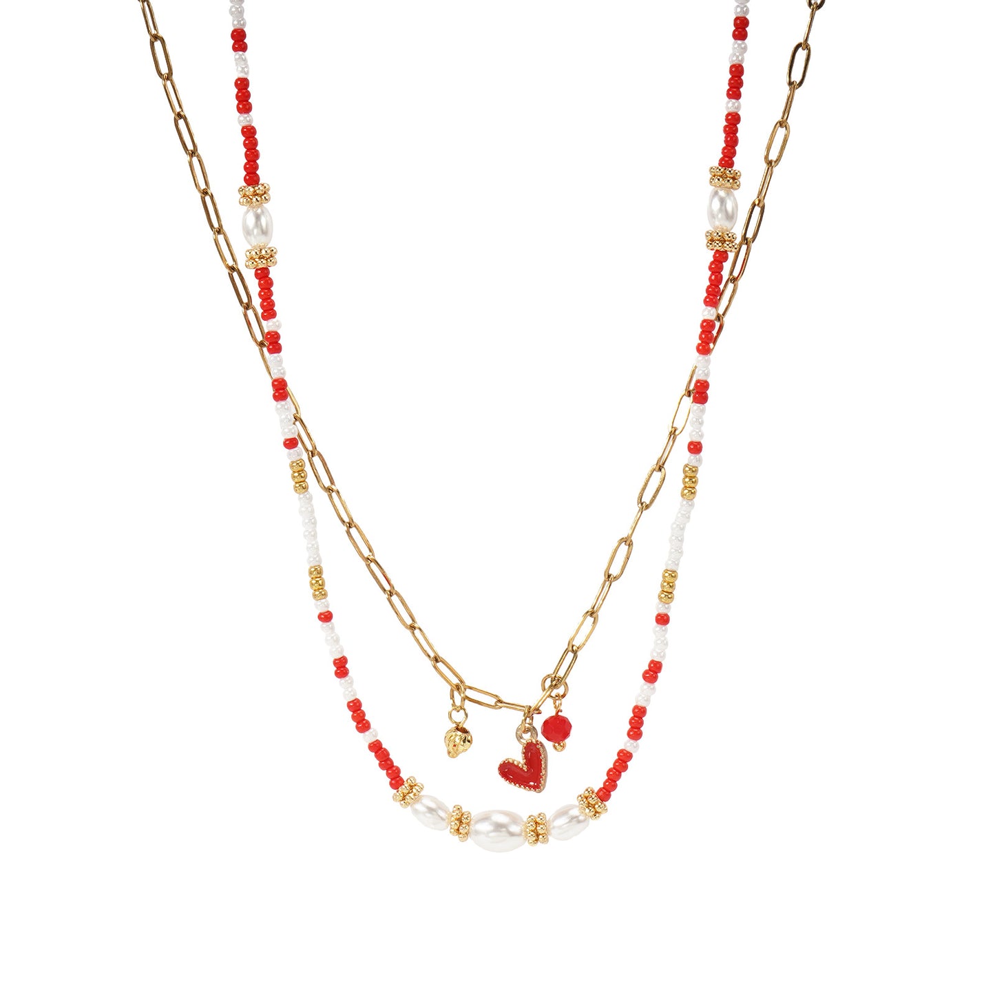Two-Layer Red Beads Pearl Metal Chain Necklace For Women Convenient Clasp Design Heart Pendant Jewelry Accessories