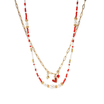 Two-Layer Red Beads Pearl Metal Chain Necklace For Women Convenient Clasp Design Heart Pendant Jewelry Accessories